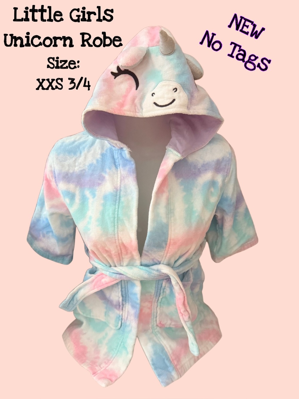 Kids Unicorn Hooded Robe - Pastel Tie-Dye NWOT Little Girls XXS 3/4